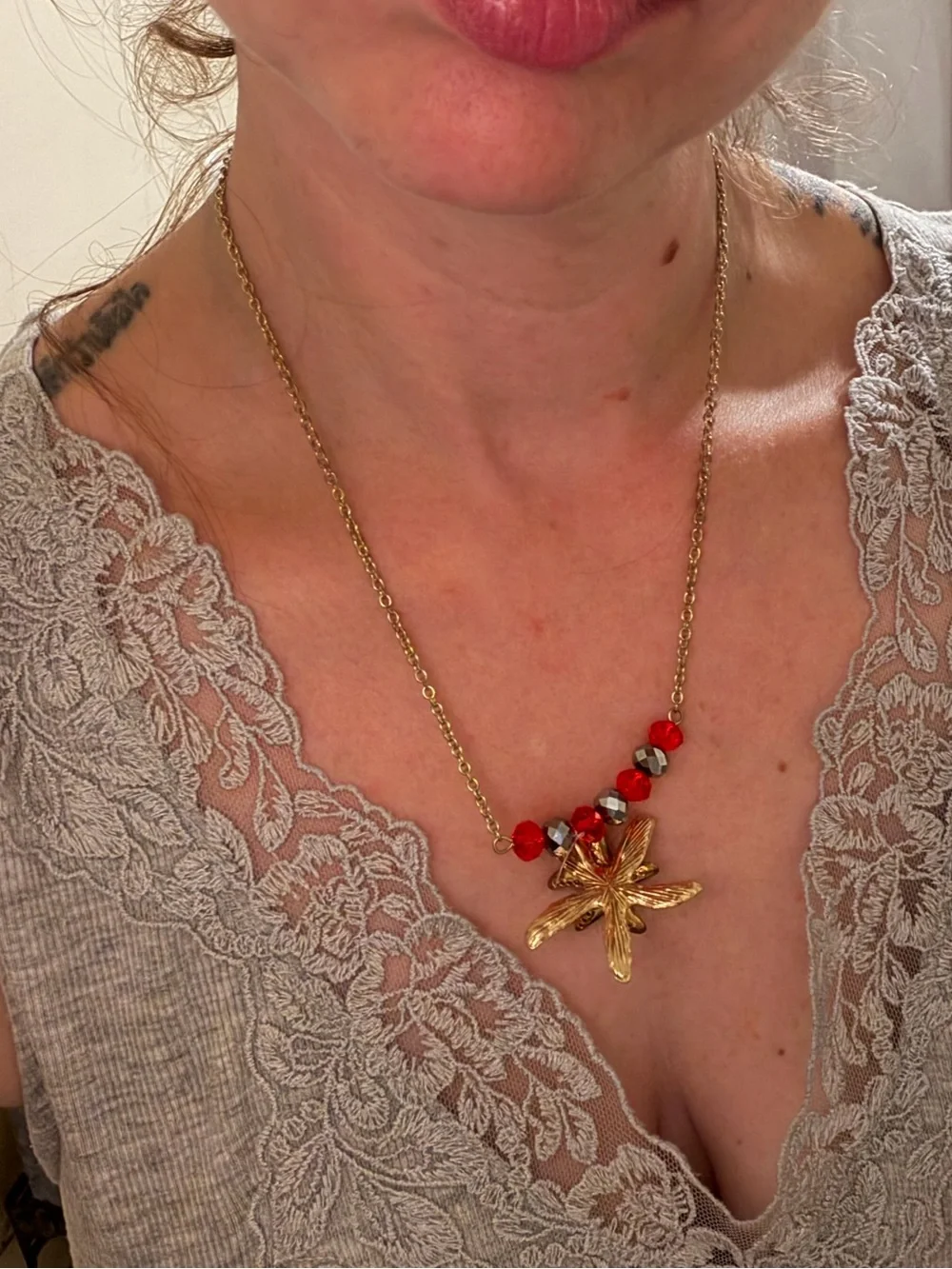 Gold Starfish Pendant Necklace with Red Beads 1/1